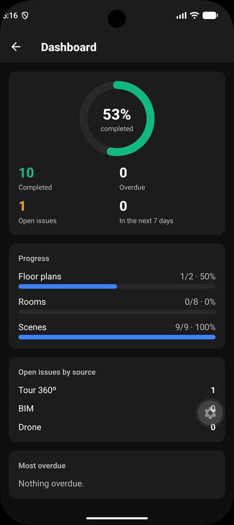 Tela do app VDCity: painel com o avanço e as pendências da obra